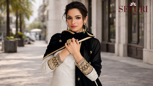 white anarkali eid dress with black dupatta elegant festive outfit for women