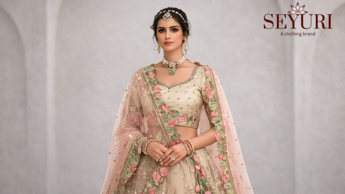 Model wearing embroidered designer lehenga with floral dupatta showcasing modern Indian ethnic fashion