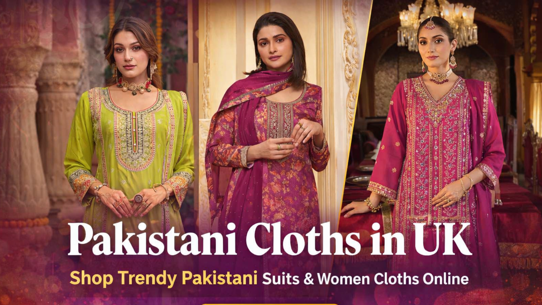Pakistani cloths in UK featuring embroidered Pakistani suits and women cloths for weddings and festive wear