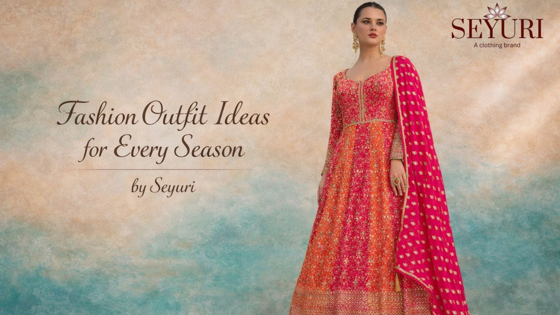 Elegant woman wearing a pink and orange embroidered Anarkali gown with a dupatta, styled for a fashion blog cover against a soft beige and aqua blended wall.