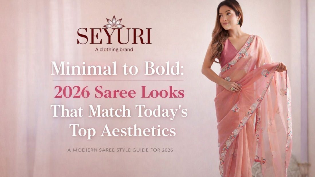 Model wearing a pastel pink embroidered saree in a minimal studio setting, styled for the blog “Minimal to Bold: 2026 Saree Looks That Match Today’s Top Aesthetics” by Seyuri.