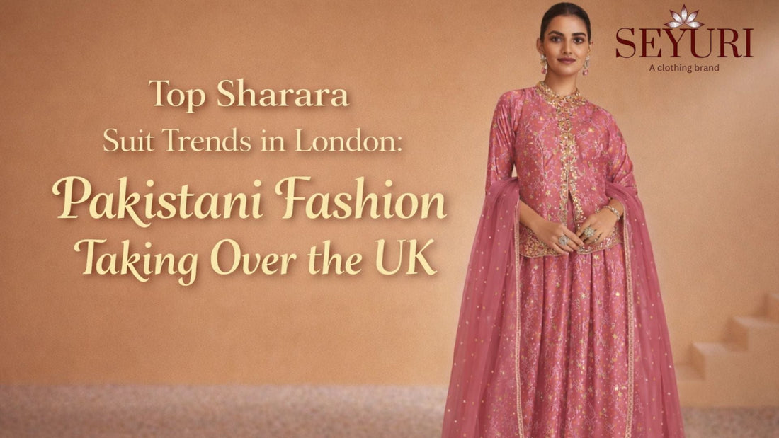 Pakistani sharara suit in UK fashion with pink embroidered outfit and dupatta