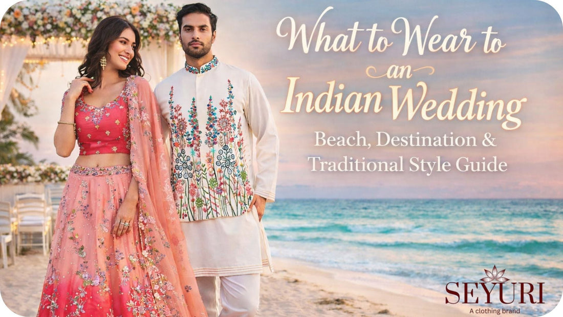 A couple in pastel Indian wedding outfits standing on a beach at sunset with the text “What to Wear to an Indian Wedding.”