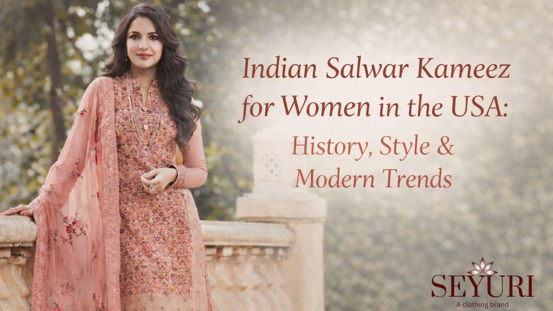 Indian salwar kameez for women in the USA featuring a peach embroidered traditional outfit in a modern outdoor setting