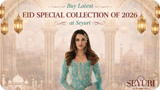 Full-length model wearing a mint green embroidered Eid salwar suit with dupatta, styled with traditional jewelry, standing against an antique Islamic arch background with soft pastel tones, representing Seyuri Eid Special Collection 2026.