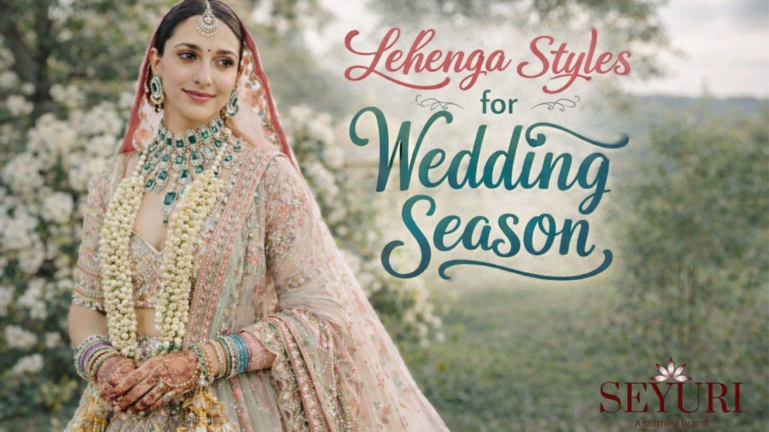 South Asian bride wearing a pastel embroidered lehenga with floral jewelry, standing in a garden setting, with the text “Lehenga Styles for Wedding Season