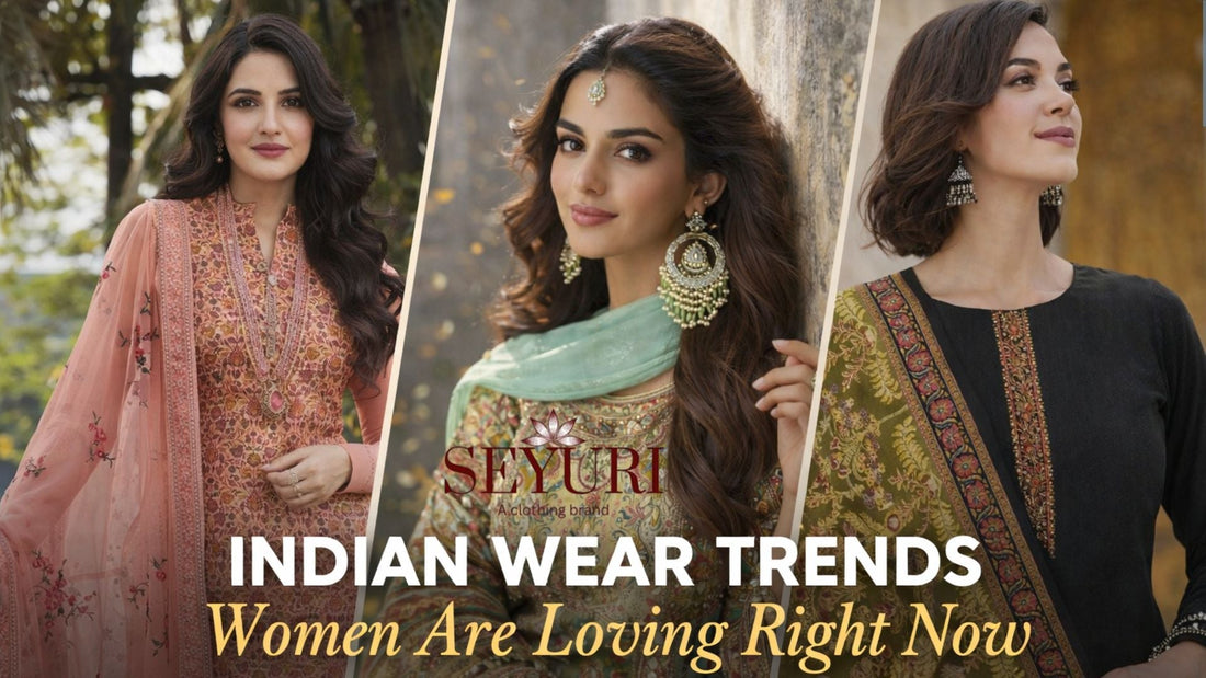 Three women wearing modern Indian wear outfits featuring cotton salwar suits and elegant dupattas, showcasing current Indian wear trends women are loving right now.