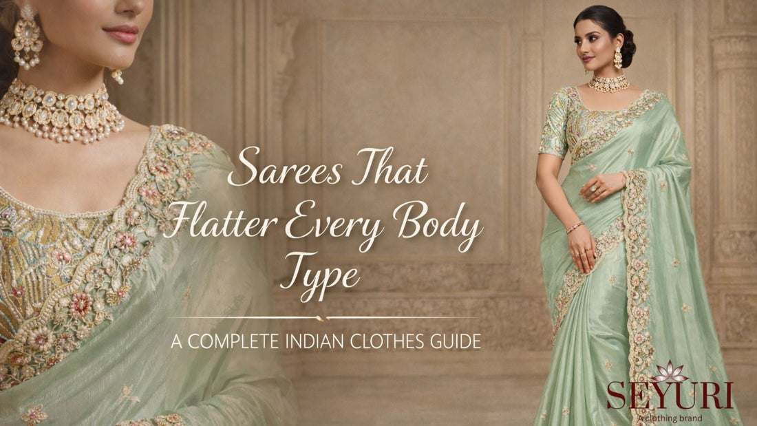 Full-length mint green embroidered saree on an Indian model against an elegant wall background.