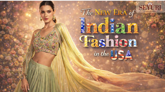 Luxury Indian fashion look with a model wearing a sage green lehenga and flowing dupatta, representing modern Indian fashion trends in the USA