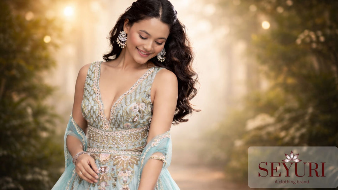 "A South Asian woman in a sky-blue Anarkali gown with intricate embroidery, smiling gracefully against a soft garden background."