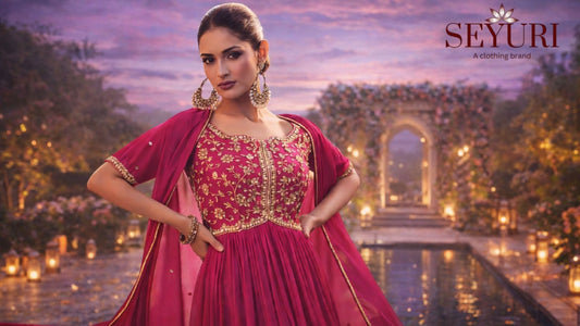 Pakistani Eid dress for women in fuchsia gown with gold embroidery, festive Eid outfit in elegant garden setting