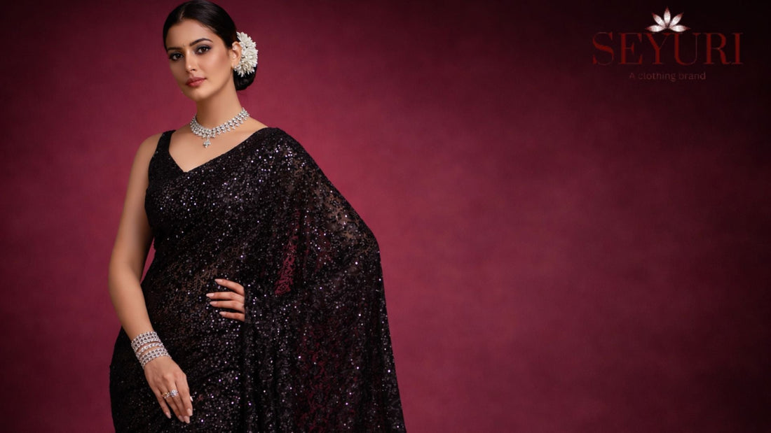 Black sequin party wear saree for women with modern elegant look