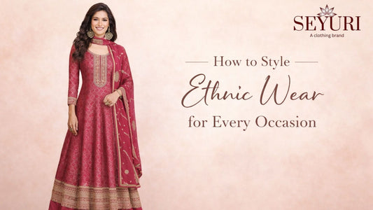 Model wearing a knee-below ethnic kurta paired with palazzo pants, styled for a fashion blog cover with a soft background