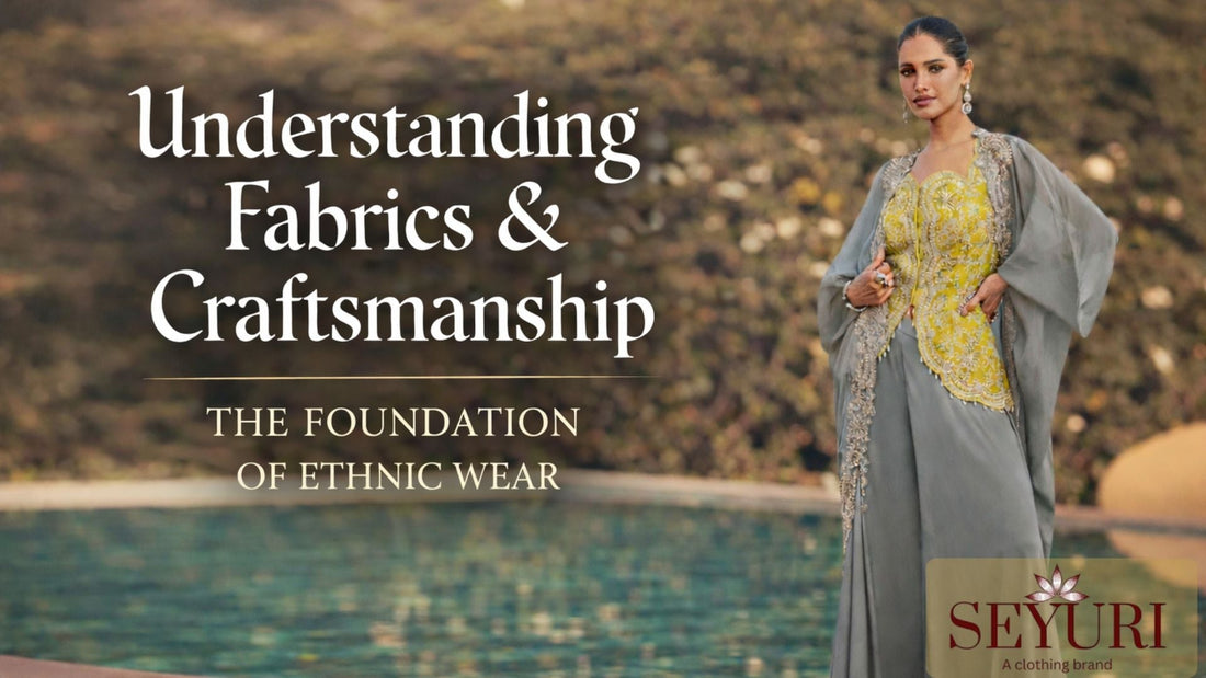 Elegant modern ethnic wear outfit featuring a woman in a grey and yellow embroidered ensemble, showcasing fine fabrics and craftsmanship by Seyuri.