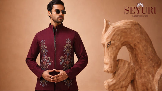 Men’s Indo-Western maroon Jodhpuri outfit with embroidered jacket and traditional pants