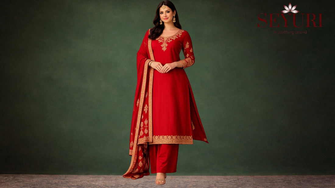 Banarasi silk suits with rich gold motifs. Raw silk straight-cut ensembles. Silk brocade palazzo sets.