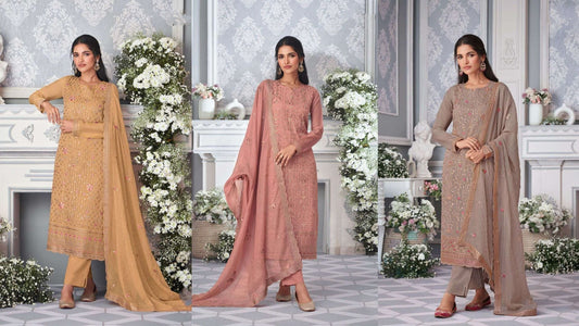Golden embroidered office-wear suit, peach pink elegant embroidered suit, grey minimal professional suit for women.