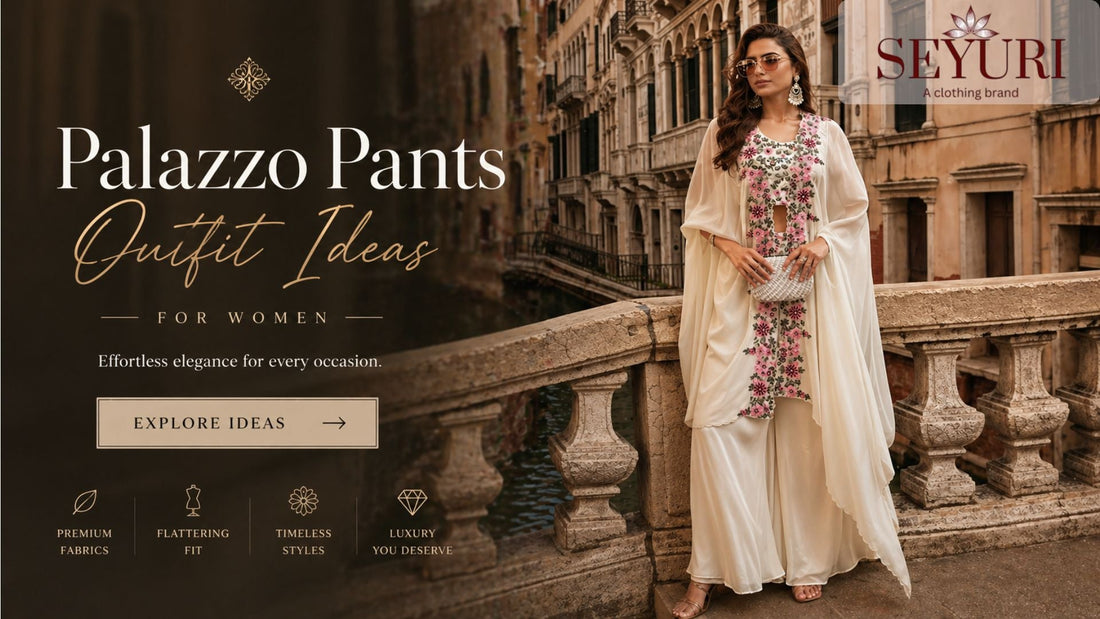Woman in ivory palazzo pants outfit on a bridge, showcasing elegant style.