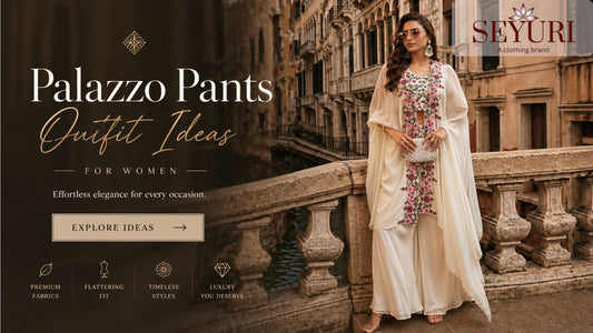 Woman in ivory palazzo pants outfit on a bridge, showcasing elegant style.