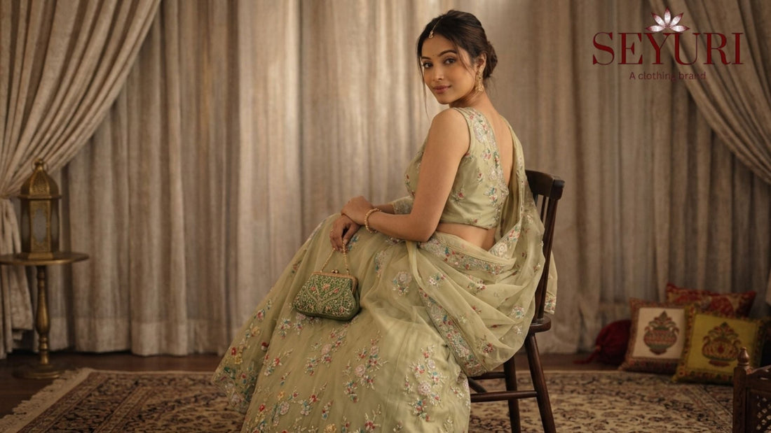 Woman wearing soft beige embroidered designer outfit in luxury editorial fashion photoshoot with natural lighting