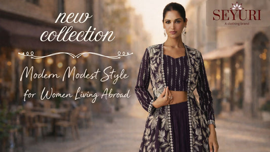 Modern modest style for women living abroad featuring a confident woman in a deep purple embroidered Anarkali outfit, styled elegantly on a softly blurred European city street in natural golden-hour light.