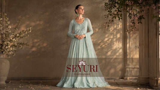 anarkali for wedding guest pastel mint green embroidered long dress