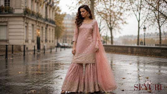 Woman wearing a luxury pink designer sharara set standing on a Paris street in a sophisticated editorial fashion photoshoot.