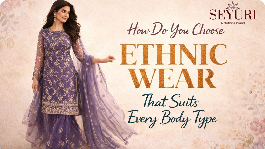 Elegant woman in purple ethnic wear standing in a soft neutral background, showcasing modern ethnic fashion that suits every body type