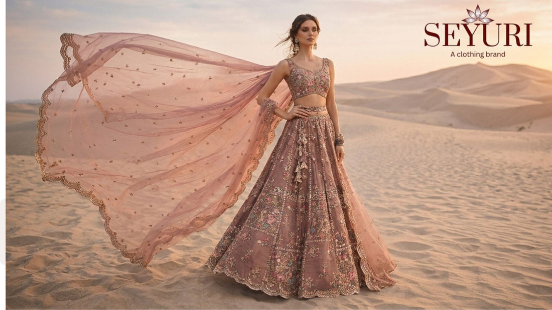 dusty rose lehenga for wedding guest in desert photoshoot with floral embroidery and flowing dupatta