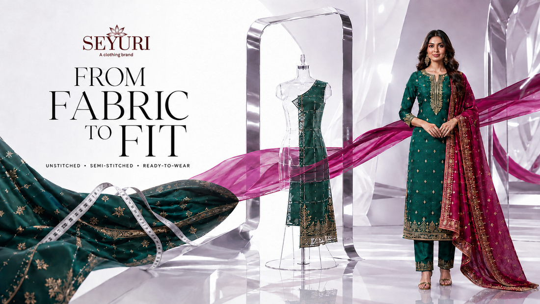 Seyuri guide comparing unstitched, semi-stitched and ready-to-wear Indian outfits, featuring embroidered fabric, a tailoring mannequin and a model in a finished green salwar kameez