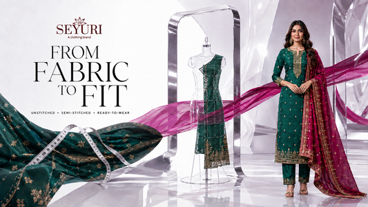 Seyuri guide comparing unstitched, semi-stitched and ready-to-wear Indian outfits, featuring embroidered fabric, a tailoring mannequin and a model in a finished green salwar kameez