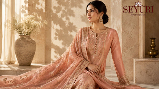 Woman wearing a premium embroidered Salwar Kameez showcasing high-quality fabric, expert craftsmanship, and elegant Indian ethnic wear.