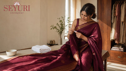 Woman checking the care label of a silk saree before washing
