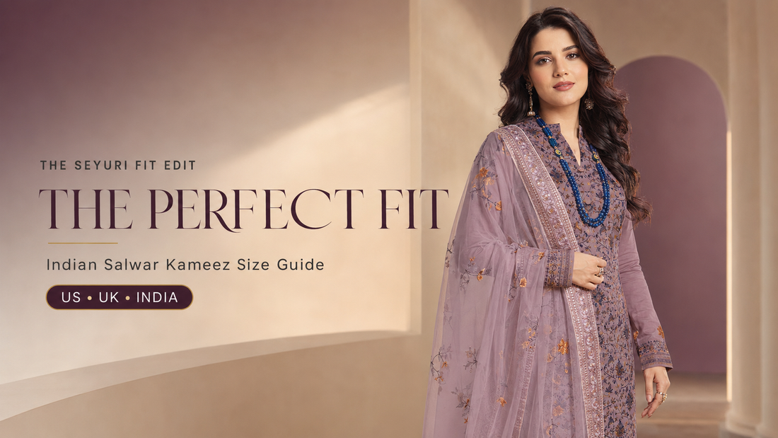 Indian woman wearing a purple salwar kameez for Seyuri US, UK and India size guide