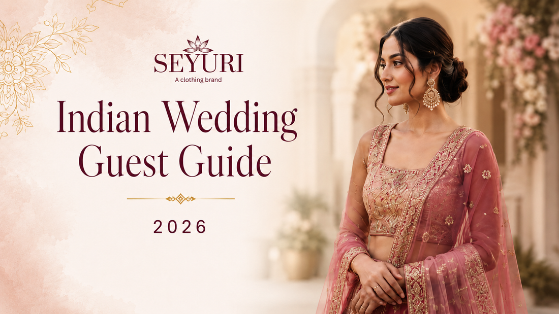 Indian Wedding Guest Guide 2026 cover featuring a woman in a pink embroidered lehenga with Seyuri logo and elegant wedding guest fashion inspiration.