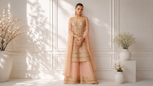 Blush pink ethnic palazzo suit for wedding guests
