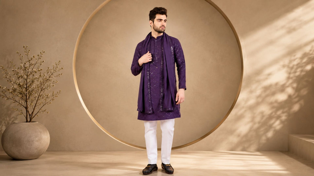 Purple embroidered kurta for men with modern luxury studio background and cinematic lighting