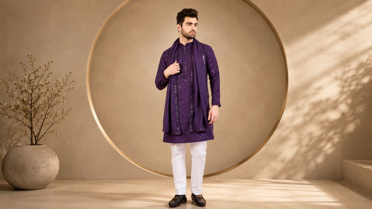 Purple embroidered kurta for men with modern luxury studio background and cinematic lighting