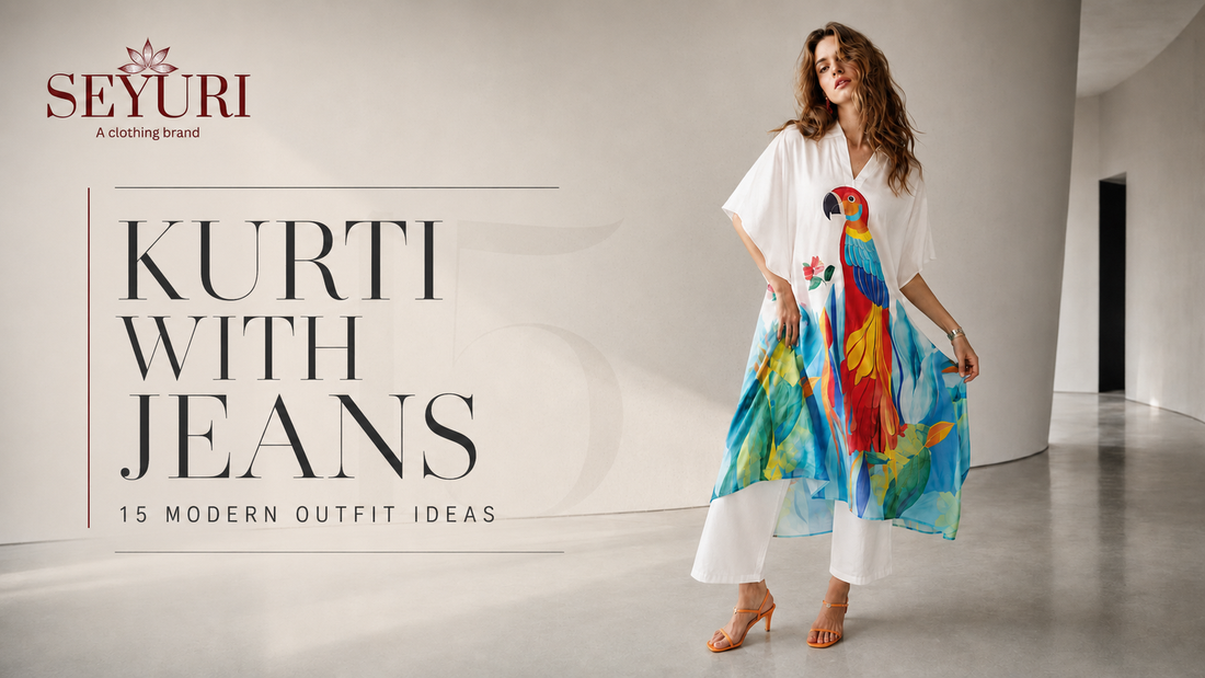Seyuri model wearing a colorful parrot-print kurti with white pants on a modern fashion blog cover