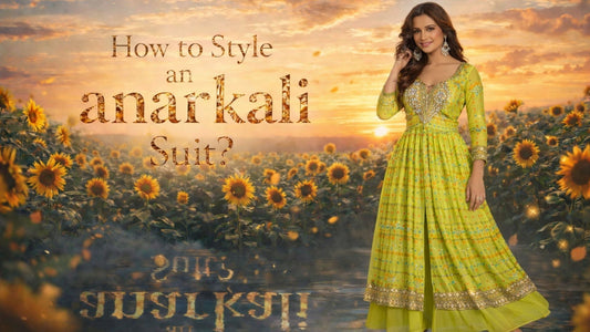 Woman wearing green anarkali suit styled elegantly in a sunflower field at sunset