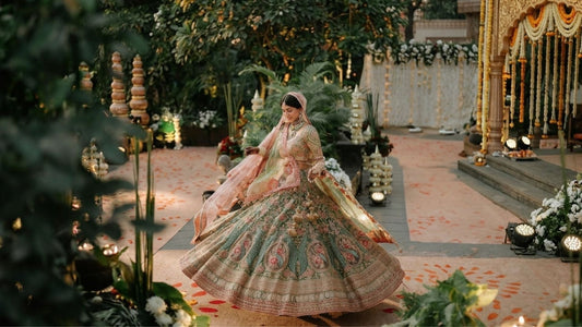 Bridal lehenga twirl in luxury outdoor wedding setting with intricate embroidery and soft golden lighting