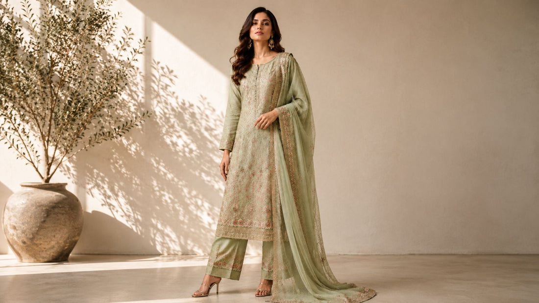 Model wearing elegant pastel green salwar kameez in a minimalist luxury fashion photoshoot