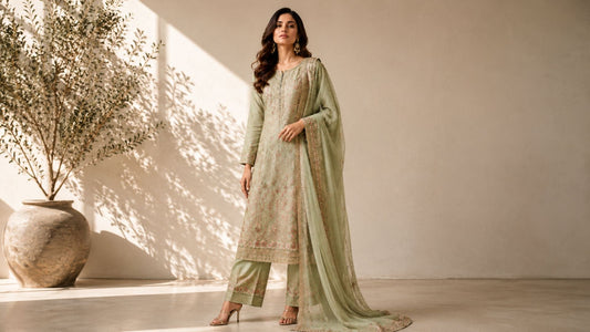 Model wearing elegant pastel green salwar kameez in a minimalist luxury fashion photoshoot