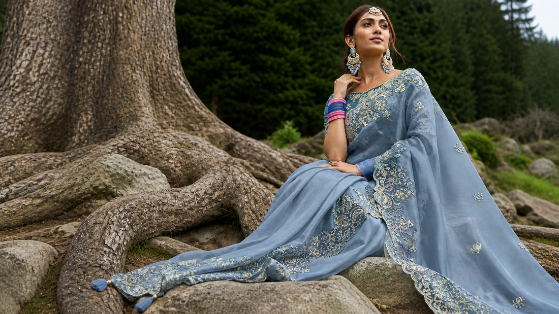 modern saree styles UK pastel blue organza saree embroidered designer outdoor look
