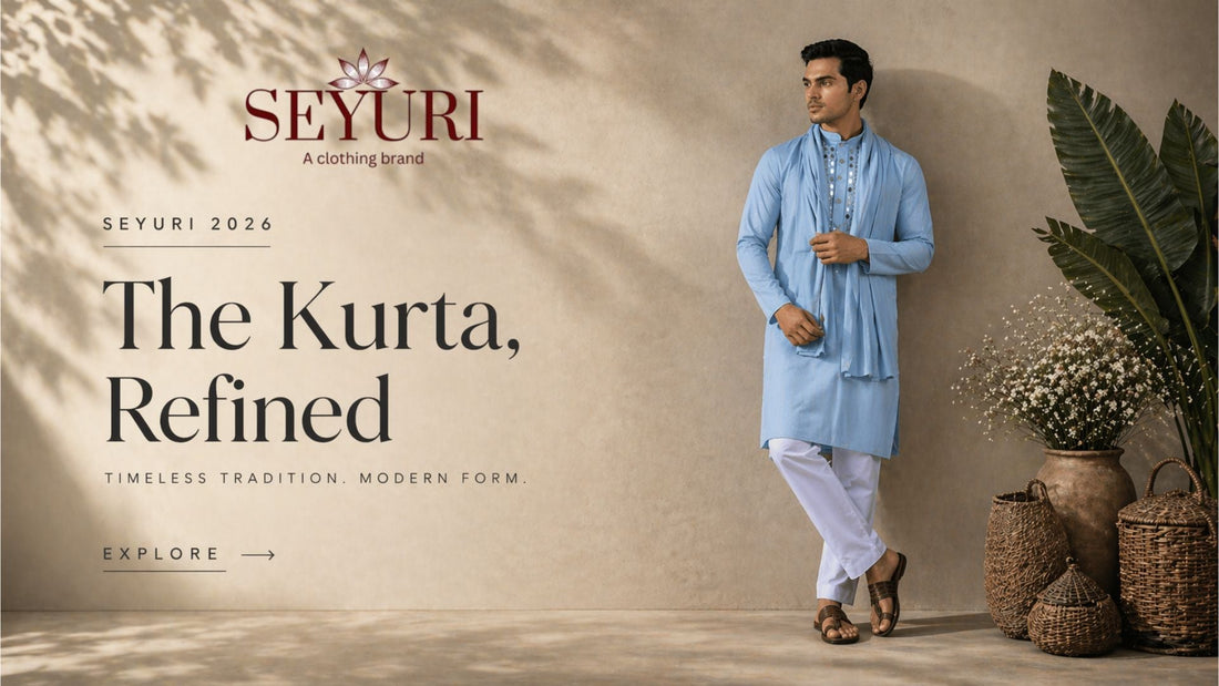 modern blue kurta for men premium ethnic wear Seyuri 2026 collection