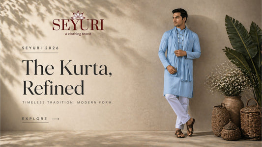 modern blue kurta for men premium ethnic wear Seyuri 2026 collection