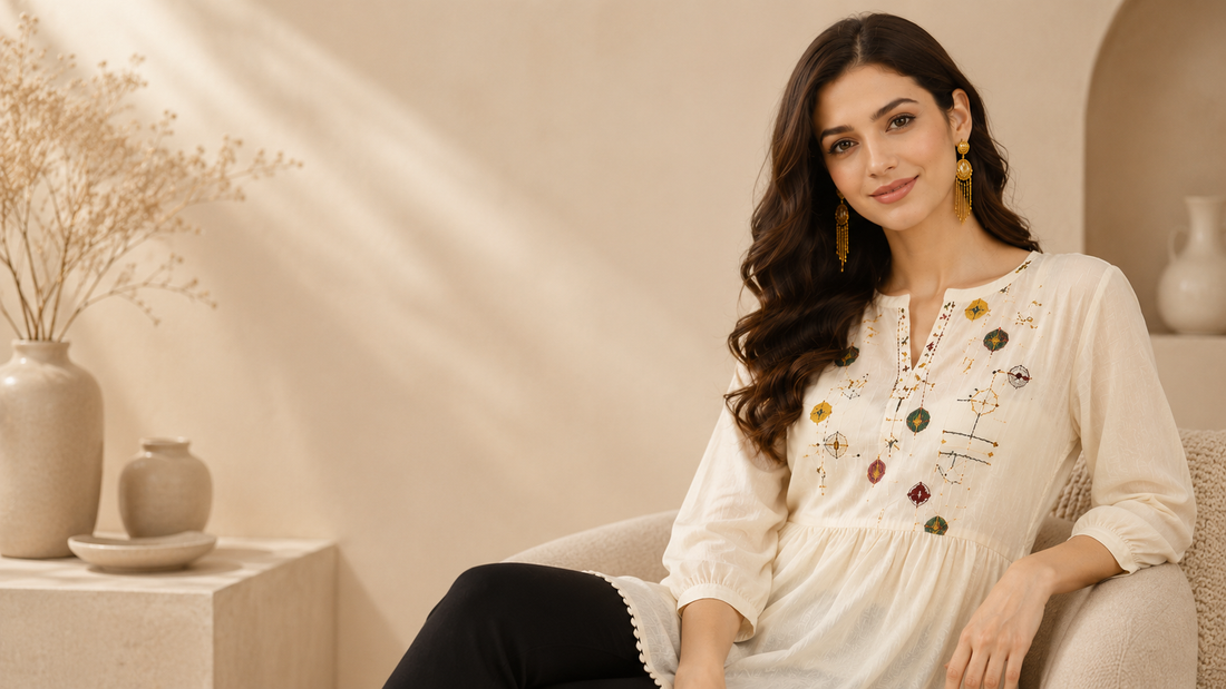 Woman wearing stylish white summer tunic top for elegant everyday fashion