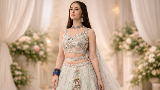 Woman wearing a pastel green embroidered designer lehenga with floral detailing, centered against a softly blurred garden background, elegant fashion blog cover image