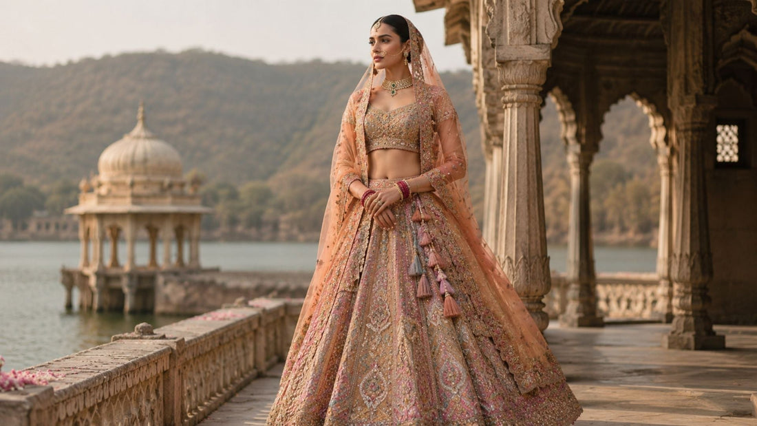 Luxury peach bridal lehenga photoshoot at royal palace by lakeside, Indian wedding outfit for modern brides in USA.