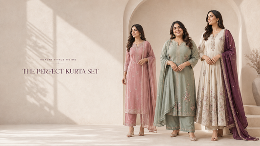 Three women with petite, curvy and tall body types wearing elegant pink, sage green and ivory kurta sets for Seyuri’s guide to finding the perfect kurta set.